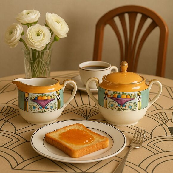 Other - Japanese Hand-Painted Lusterware Cream & Sugar Set – Art Deco Motif (1921–1941)